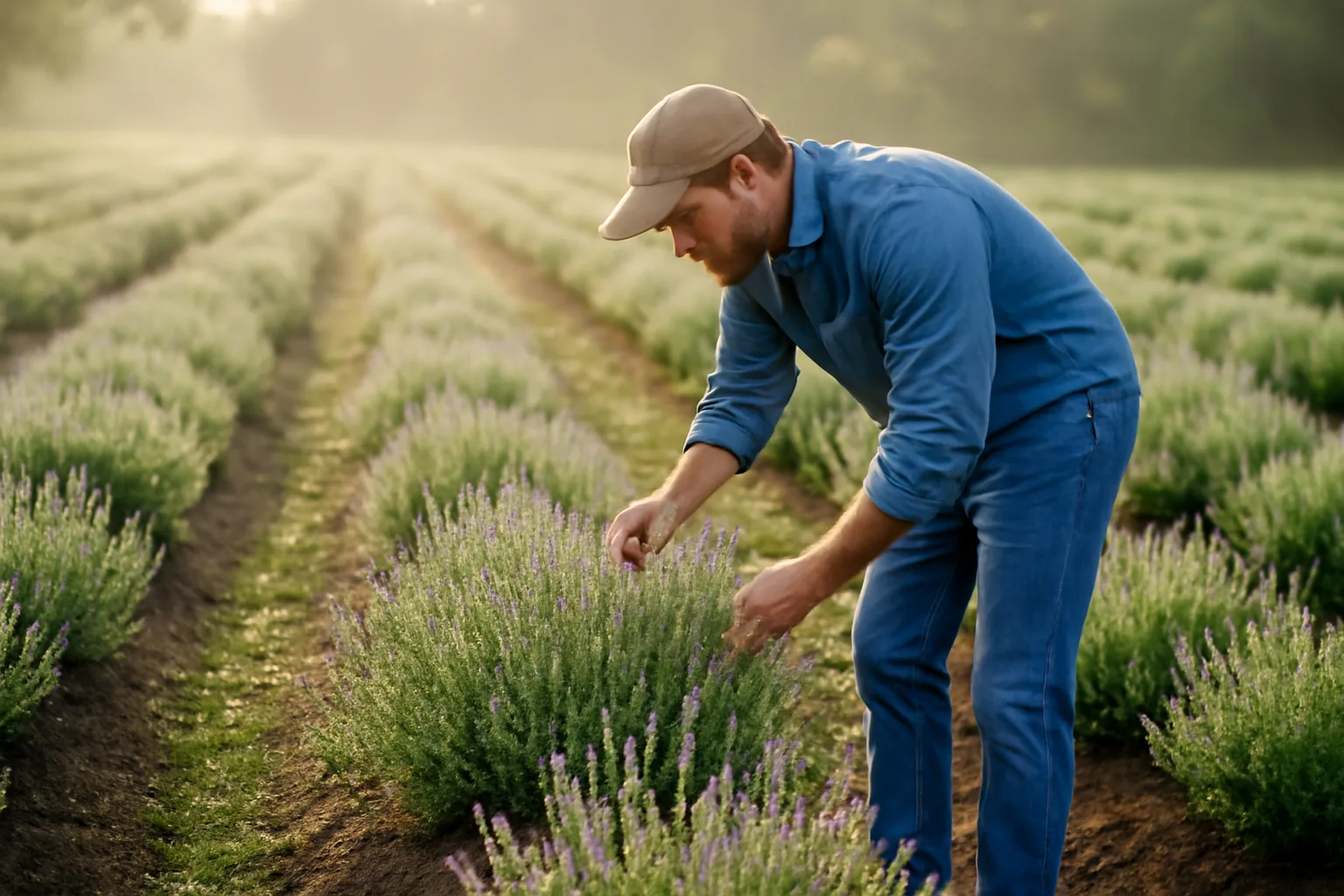 Young lavender field in Alabama with farmer inspecting plants at dawn