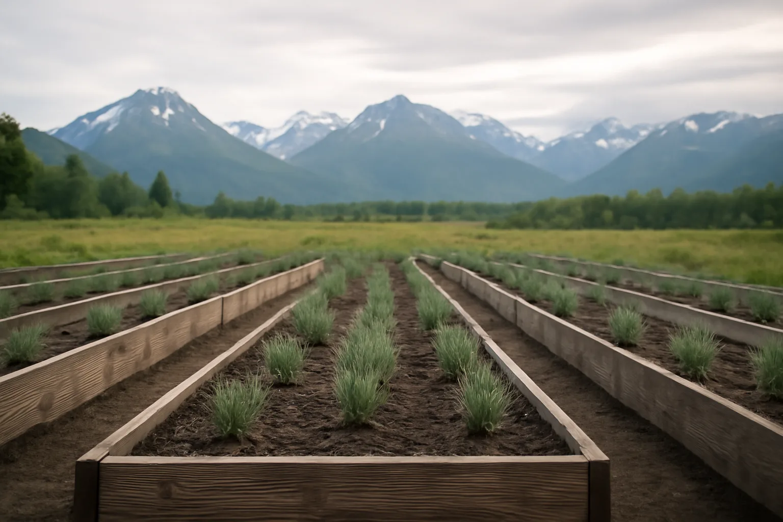 Young lavender in raised beds on an Alaskan farm with mountains beyond.