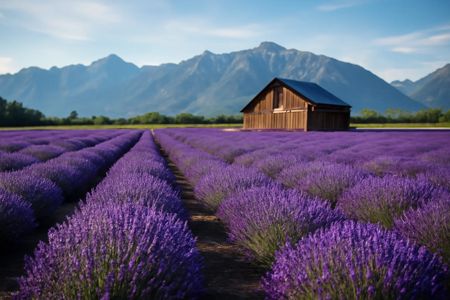 Alaskan lavender farm rows with mountain backdrop in the Mat-Su Valley
