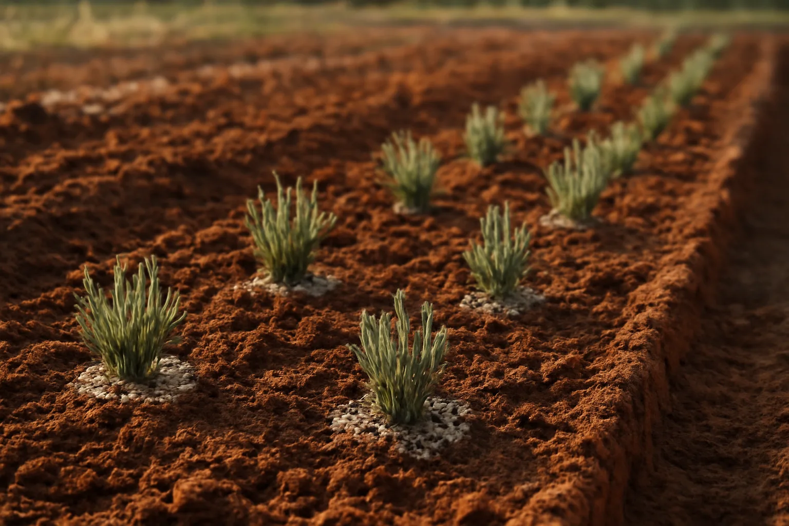Young lavender plugs planted in a raised bed on an Alabama farm in autumn