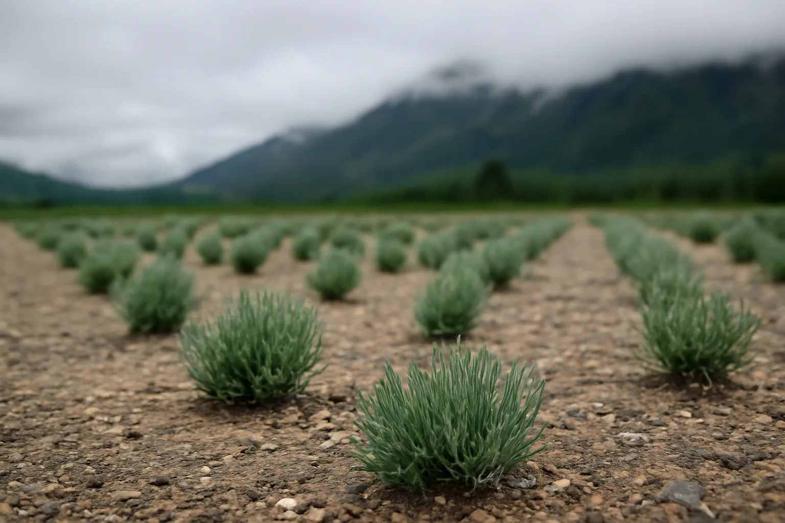 Young Munstead lavender plugs in a gravel berm under Alaska summer clouds