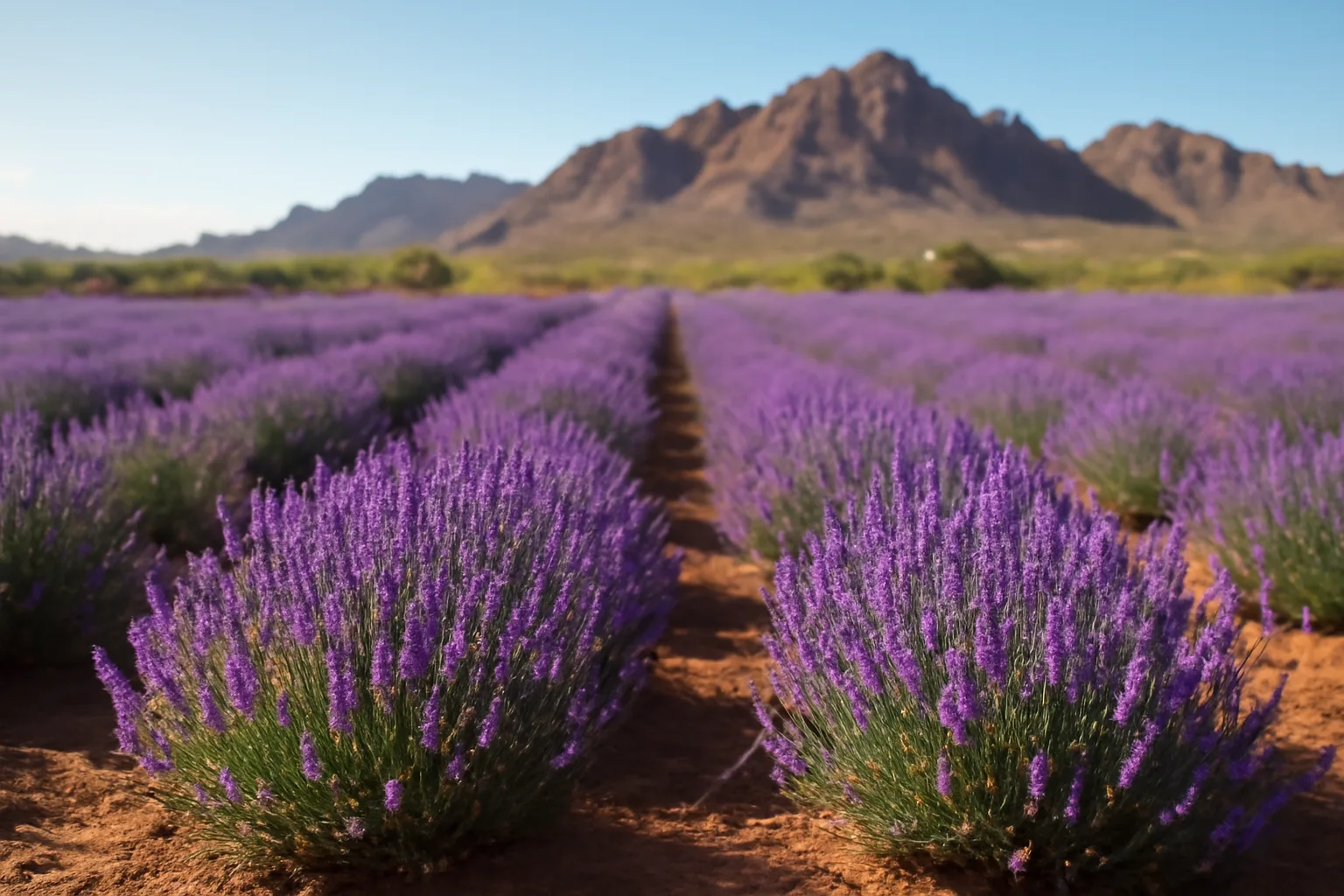 Lavender farm Arizona desert with mountains behind rows of blooming purple lavender.