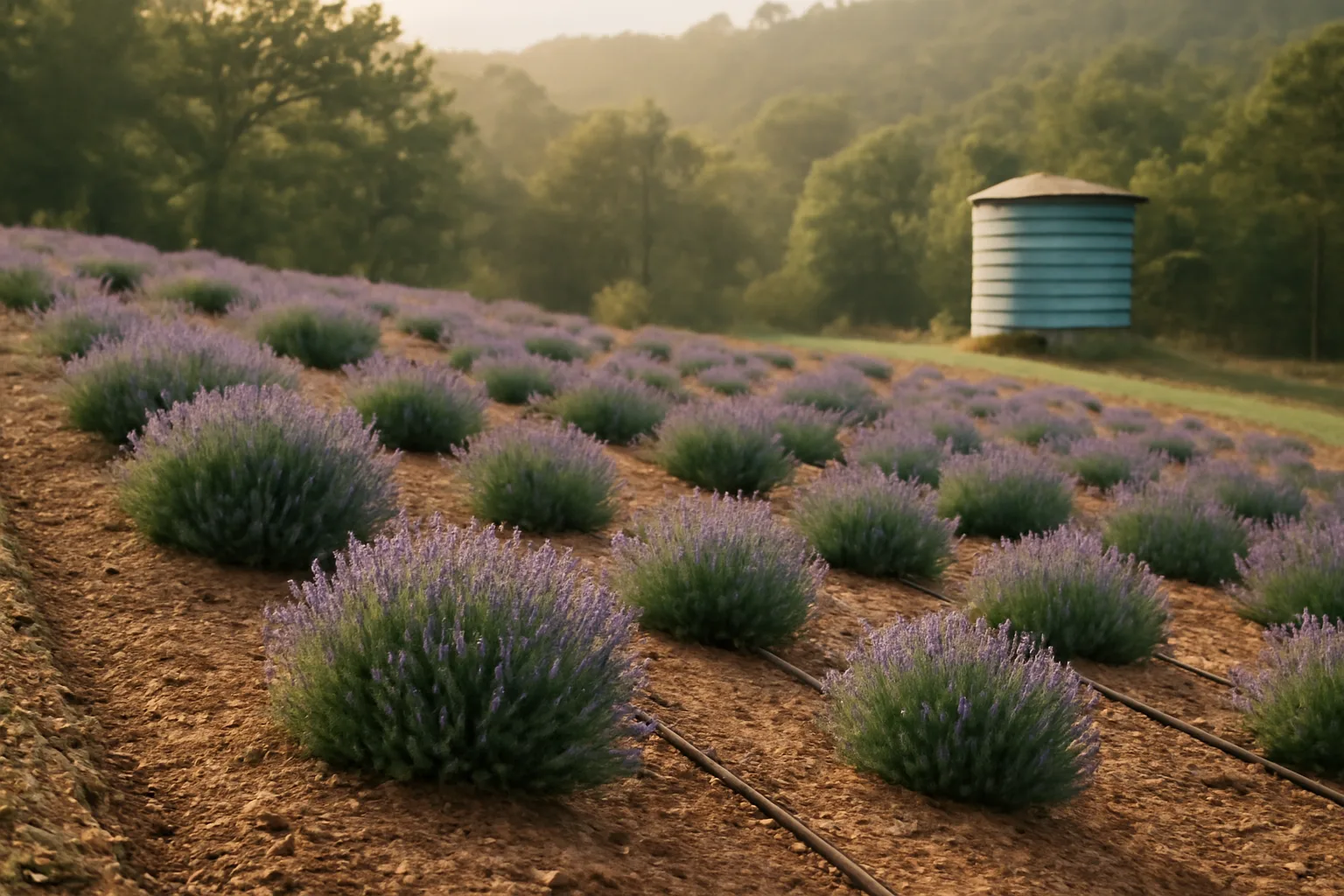 Mounded lavender rows on a gravelly northwest Arkansas slope