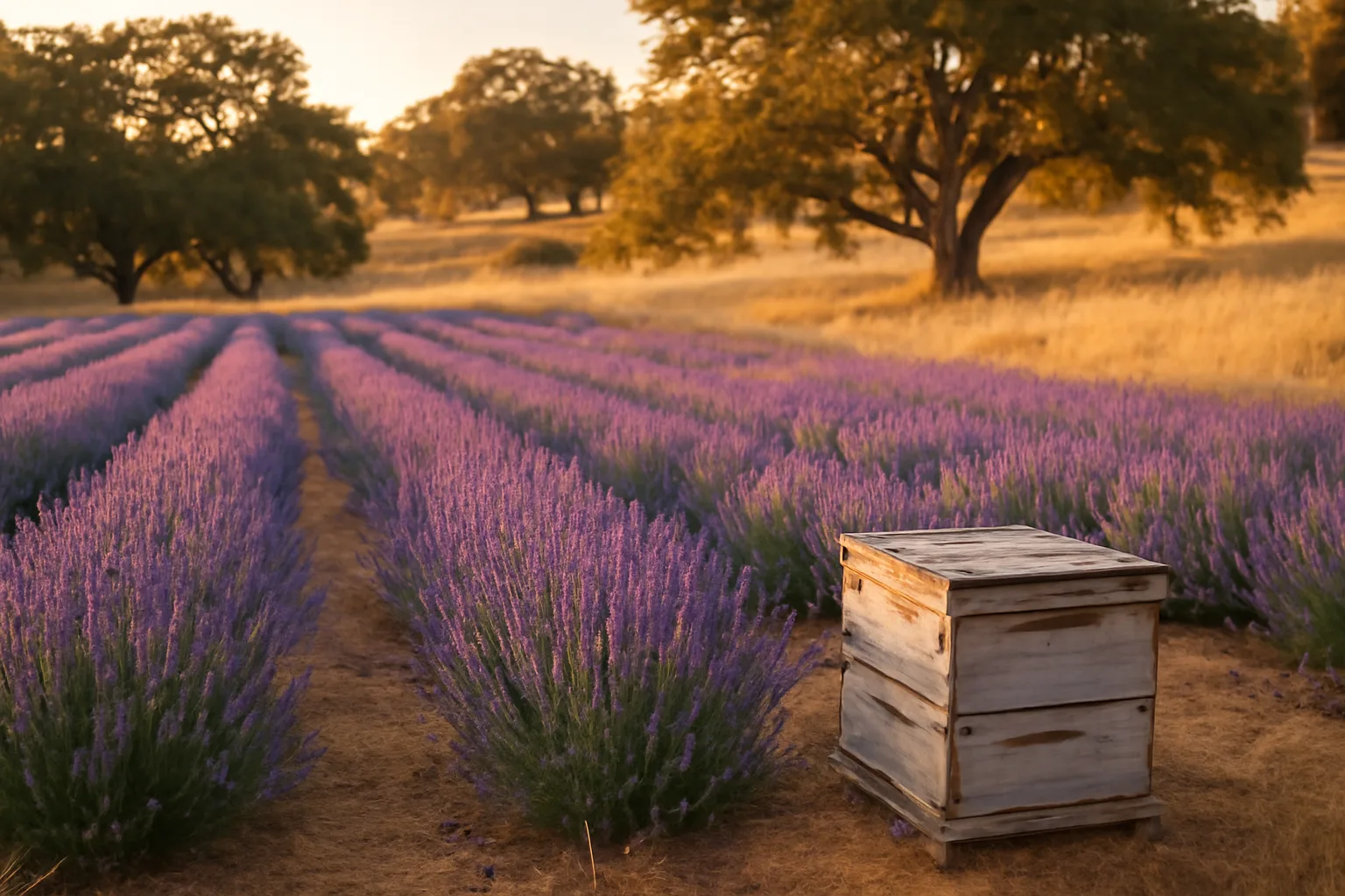 Purple lavender rows on a dry California hillside at golden hour