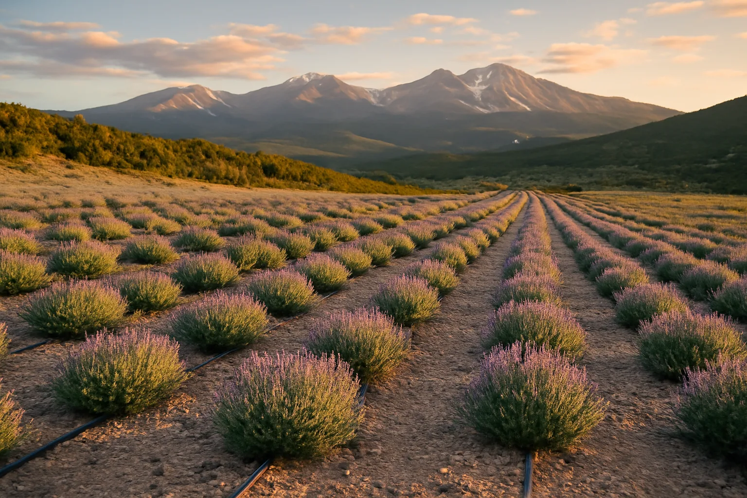 Lavender rows on a gravelly Colorado hillside in late spring