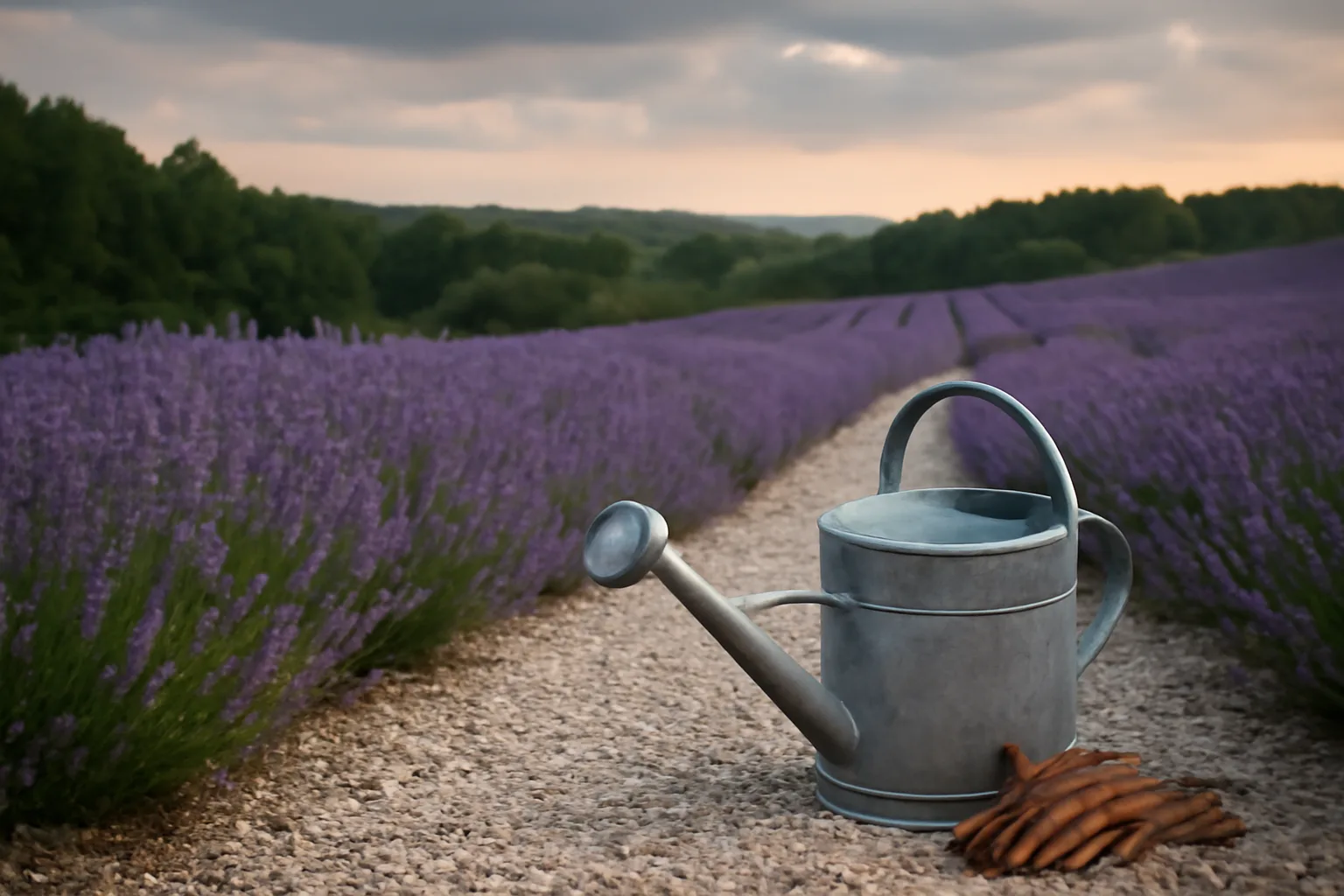 Blooming lavender rows on gravel ridges at an Indiana farm