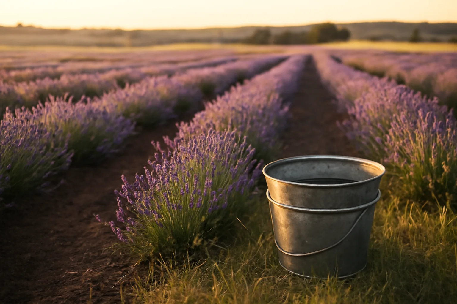 Young lavender rows blooming on a dry Iowa farm ridge