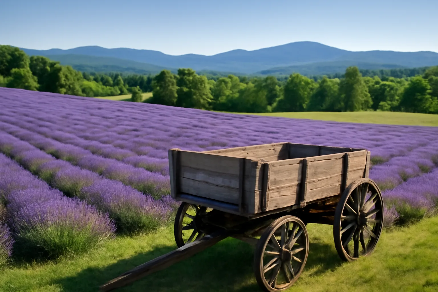 Rows of blooming lavender on a Vermont hillside with mountains in the background