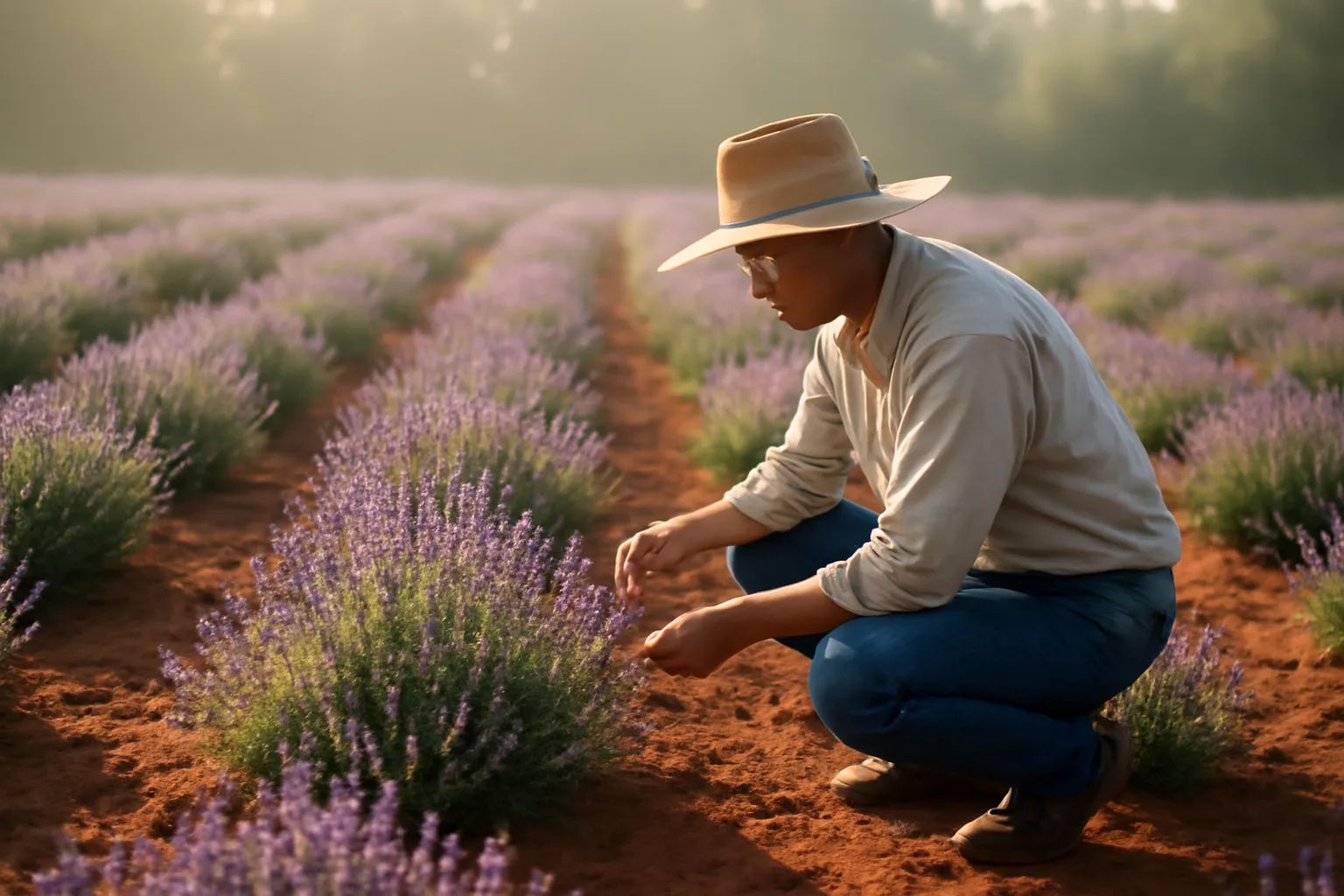 Young lavender field in Alabama with farmer inspecting a plant, red clay soil, morning light.