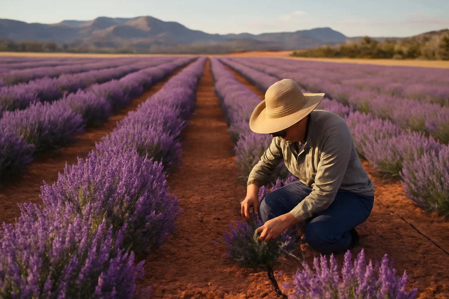 Lavender rows on a high-desert Arizona farm in afternoon light