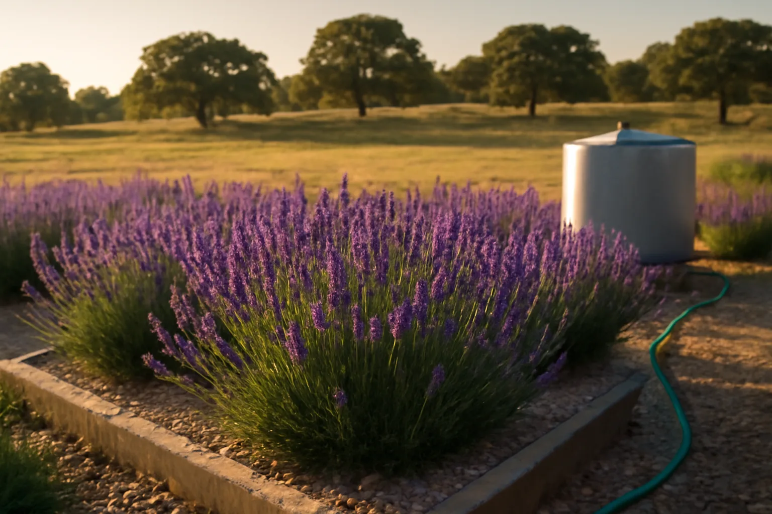 Lavender rows in raised beds on an Arkansas farm pasture