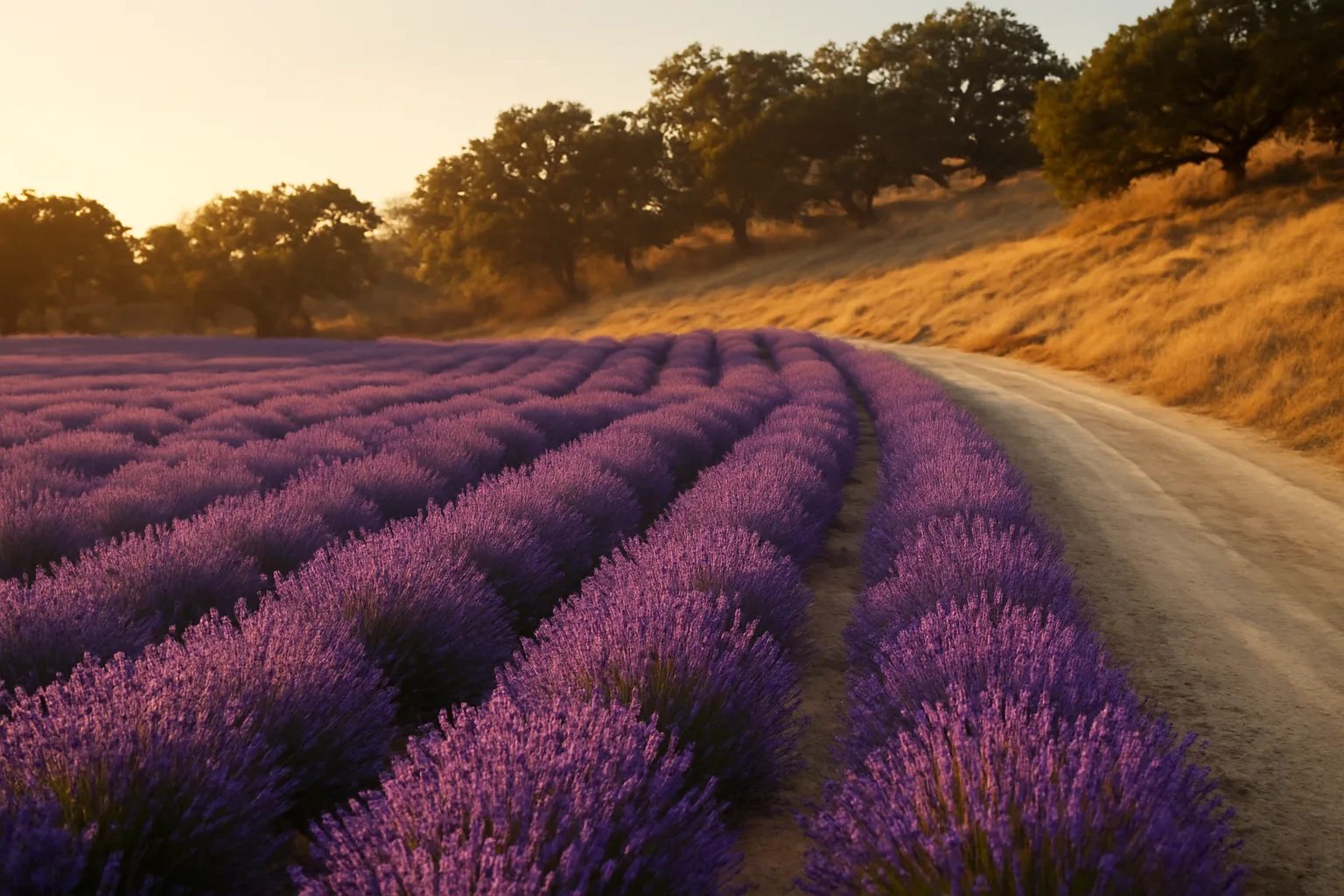Blooming lavender farm rows on a dry California foothill slope