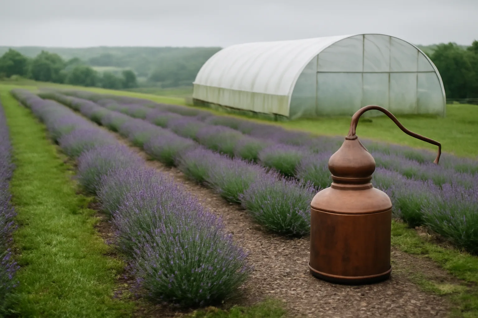 English lavender rows on a well drained Illinois hillside in June