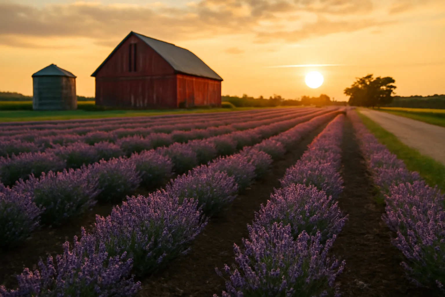 Iowa lavender rows in bloom beside a barn at sunset