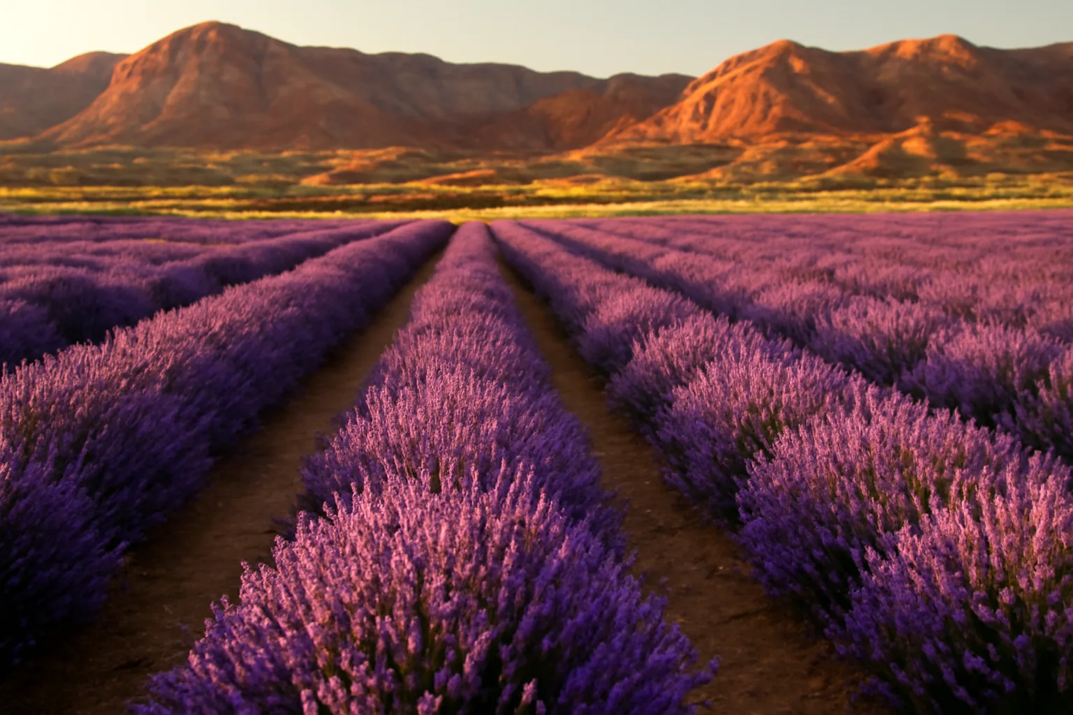 Purple lavender rows blooming on a Utah farm with red-rock hills at dusk