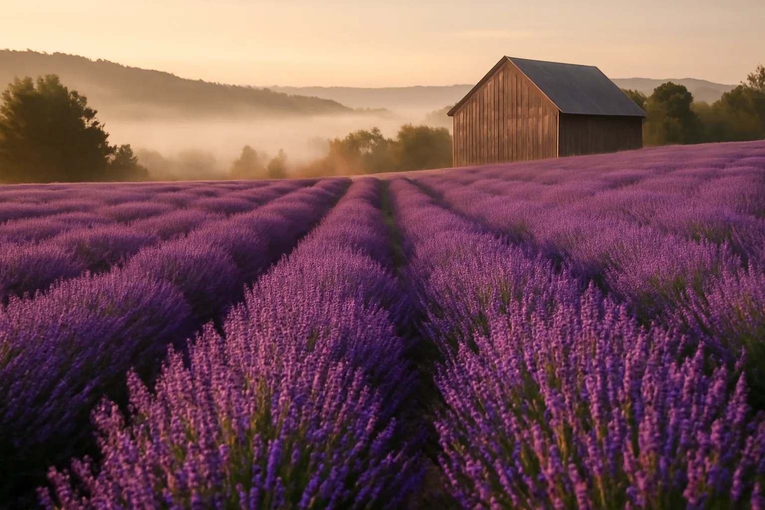 Purple lavender rows in full bloom on a Vermont farm hillside at golden hour