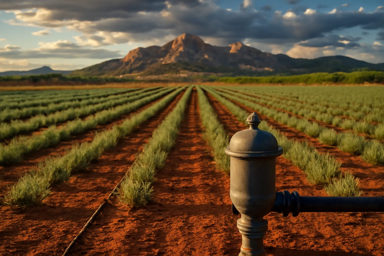 Lavender rows and drip line in Arizona high desert light