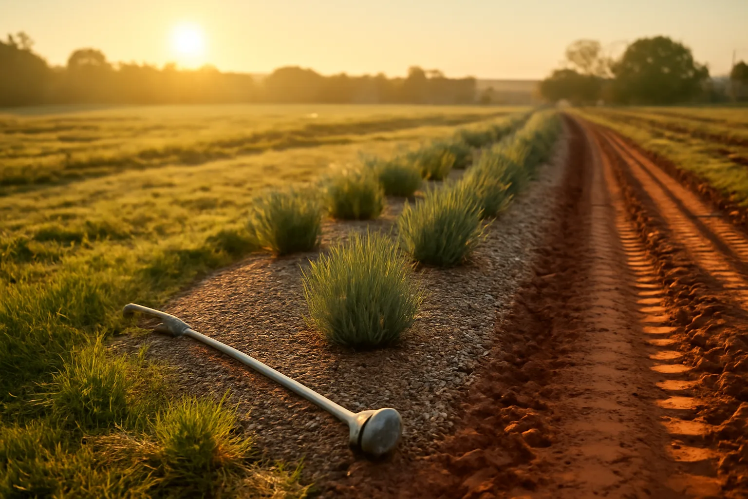 Young lavender rows on a gravel berm in rural Arkansas light