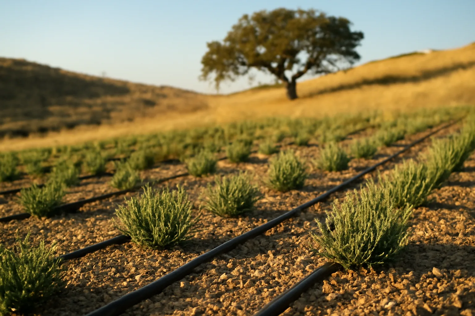 Young lavender plants and drip lines on a dry California hillside