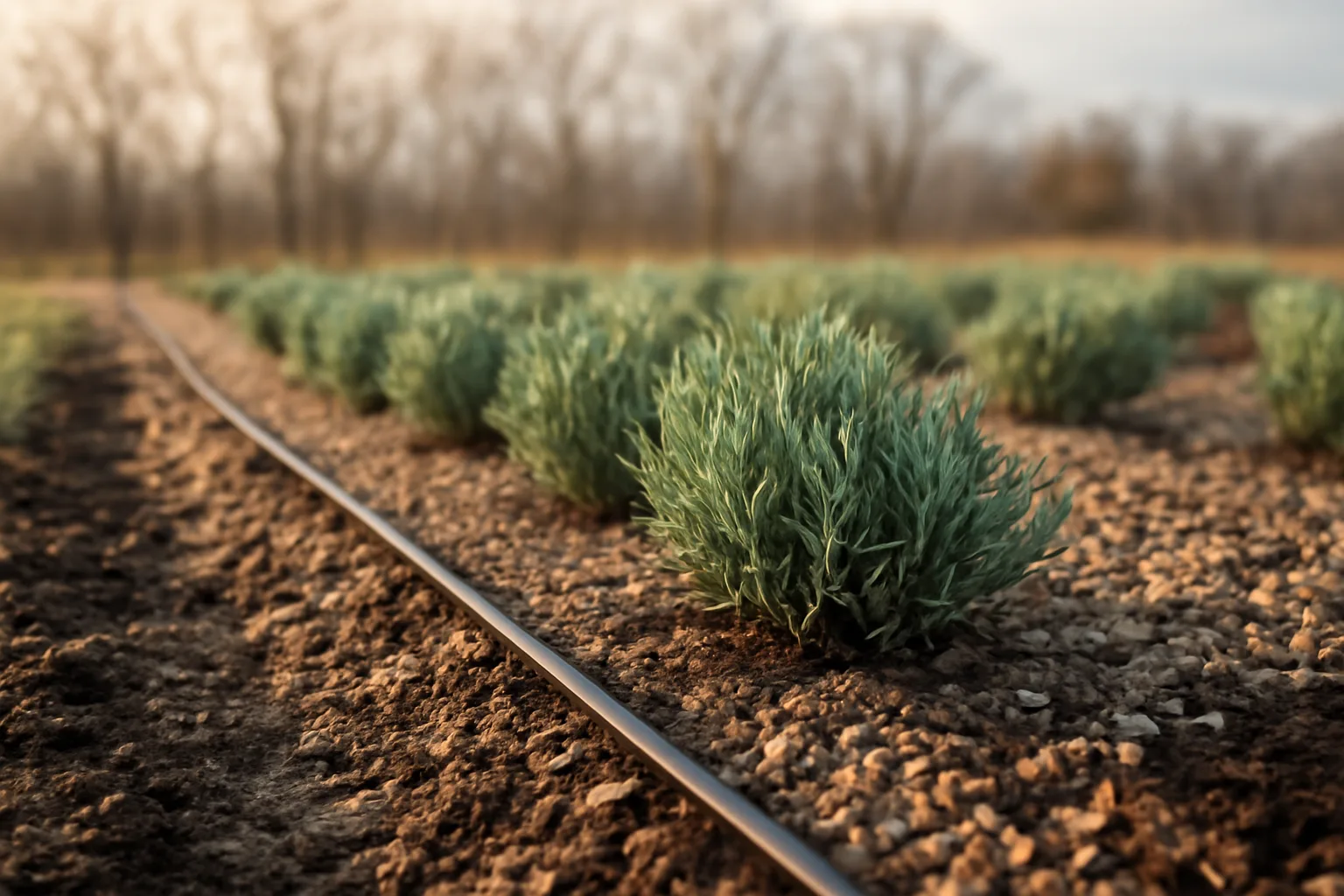 Young lavender rows on a drained Illinois farm slope at sunrise