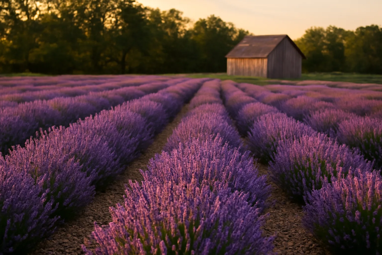 Blooming lavender rows on a drained Indiana hillside in June