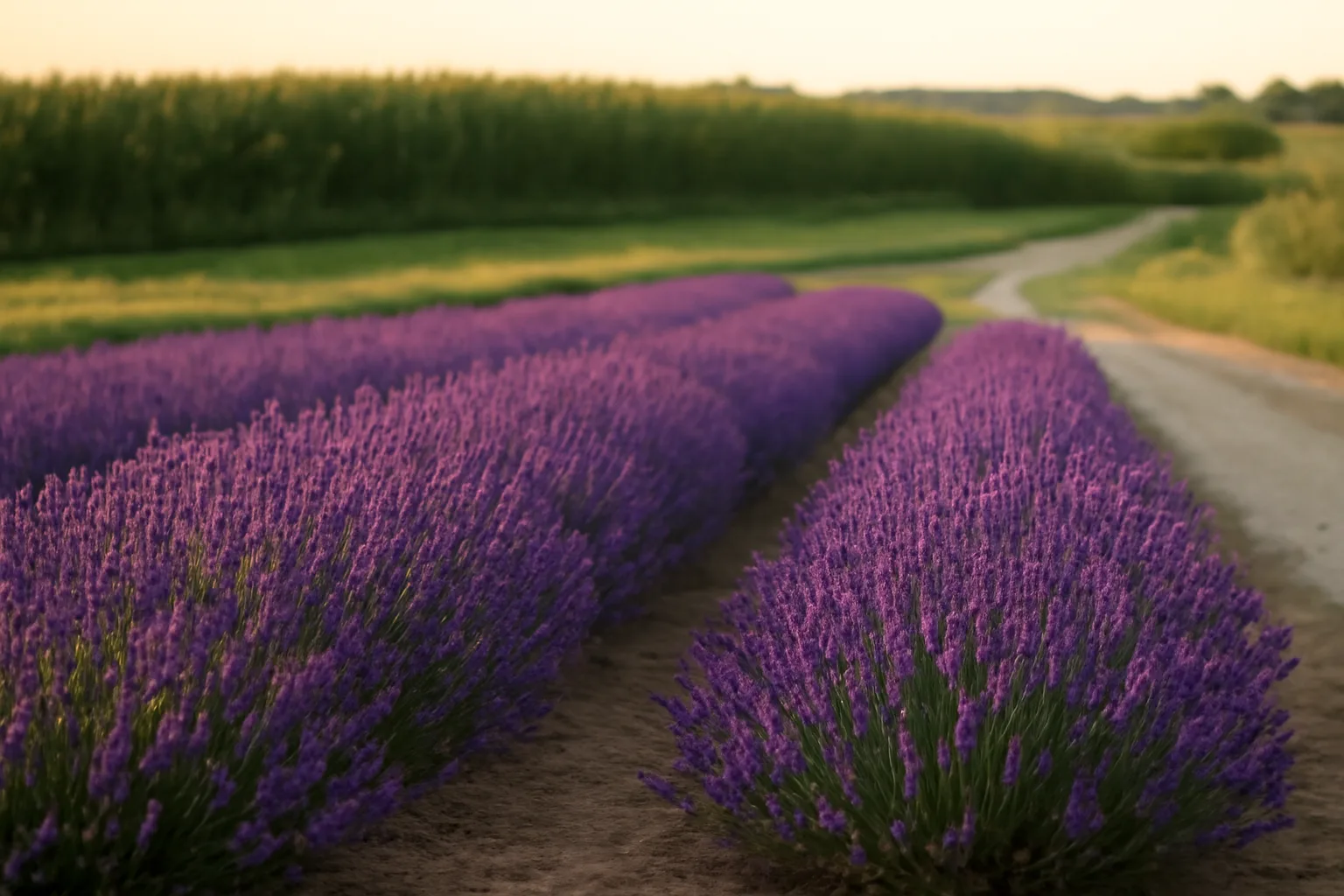 Young lavender rows on a drained Iowa ridge beside summer corn