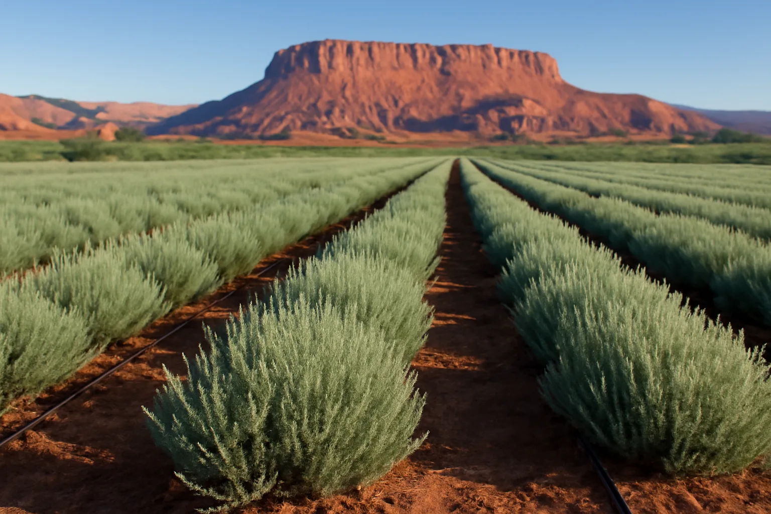 Lavender farm rows in Utah with red rock mesa in the background at sunrise