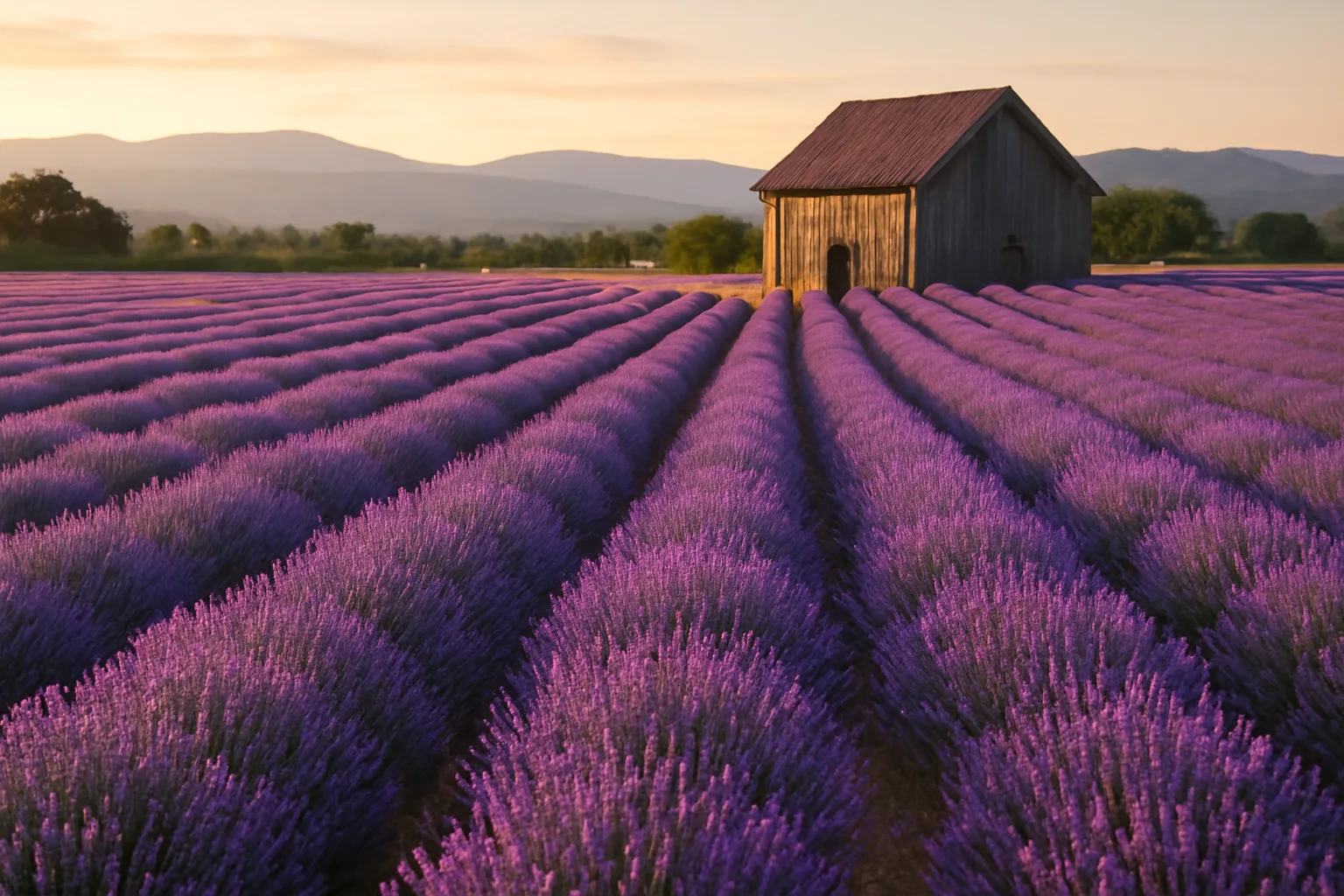 Purple lavender rows on a Virginia farm with mountains in the background