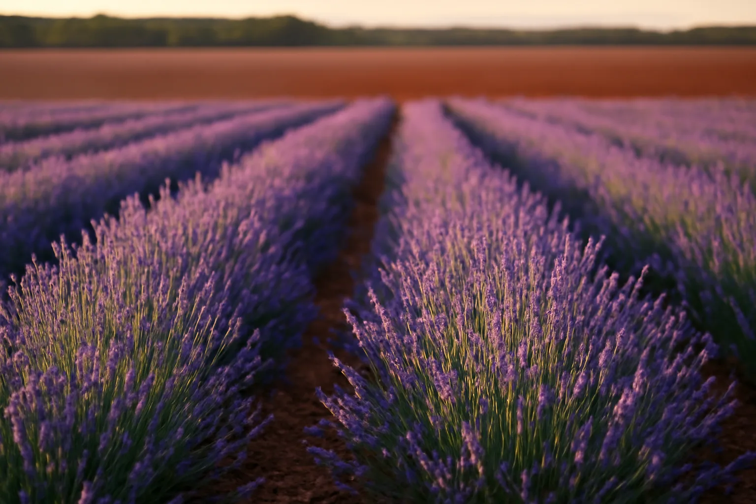 Rows of purple lavender plants in morning dew on an Alabama field