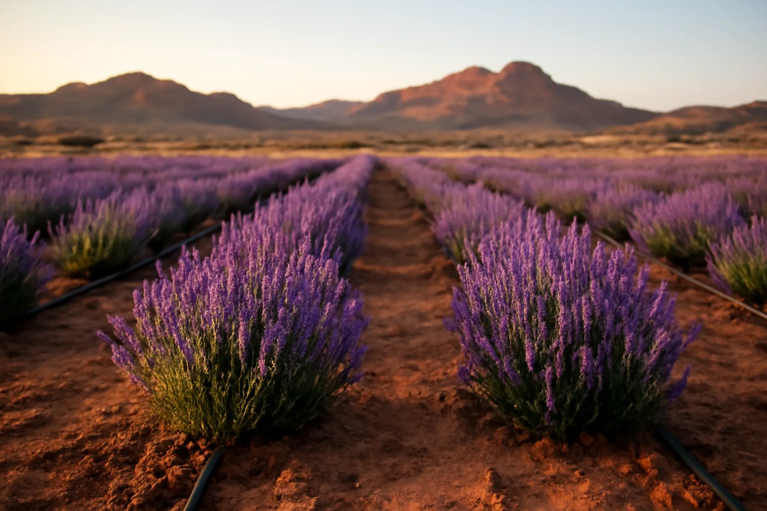 Rows of purple lavender flowers with drip irrigation in a high desert Arizona field