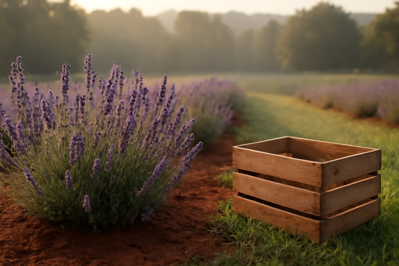 Lavender plants in flower on an Arkansas farm hillside at dawn