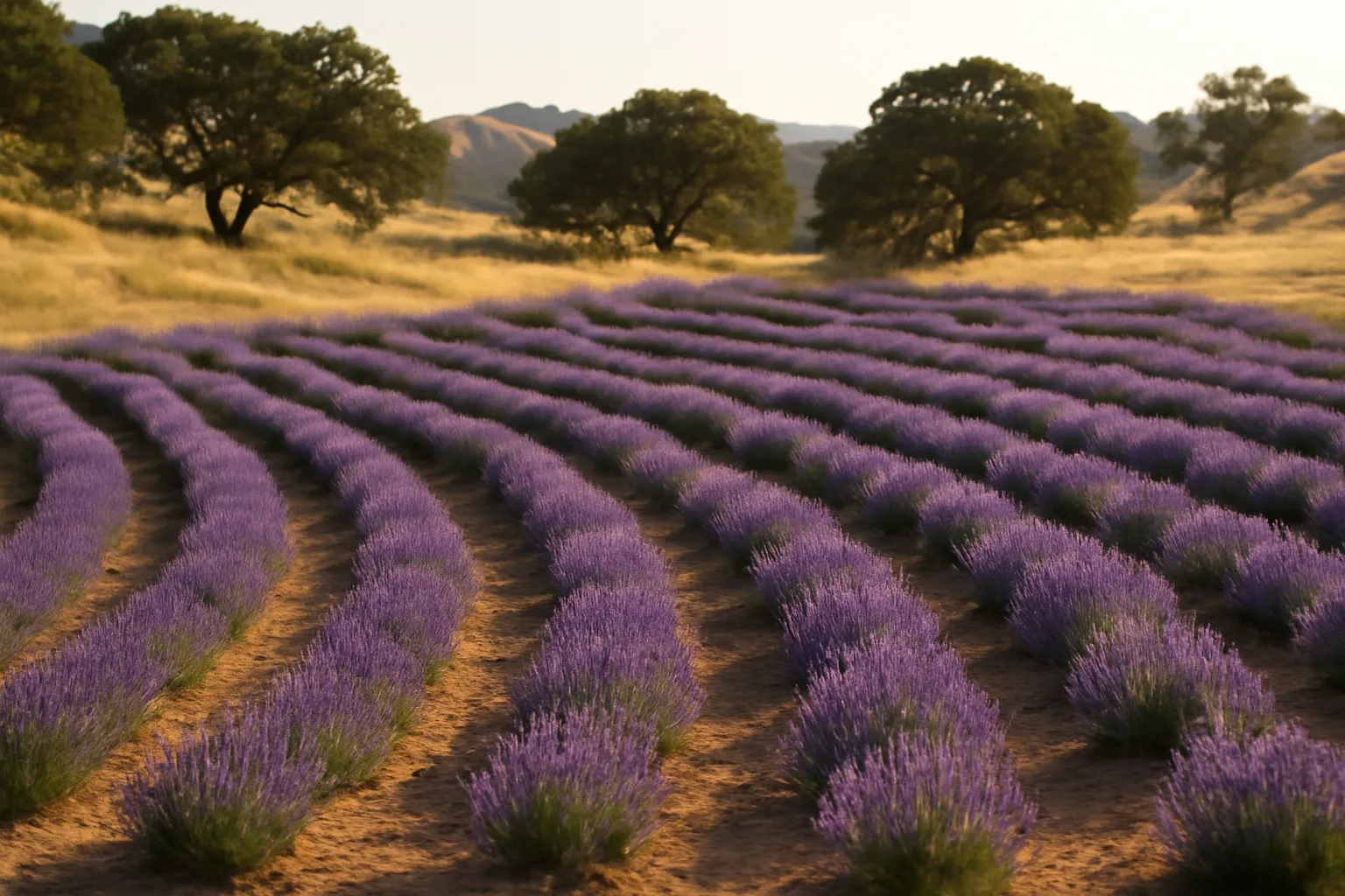 Purple lavender farm rows on a dry California hillside at sunset