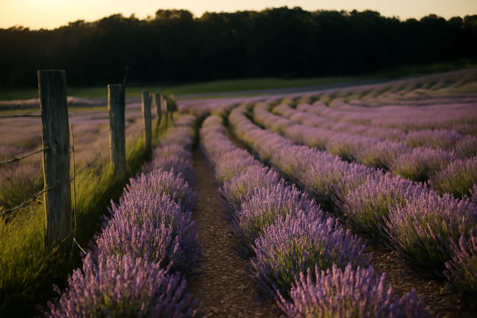 Blooming lavender rows on a southern Indiana farm ridge