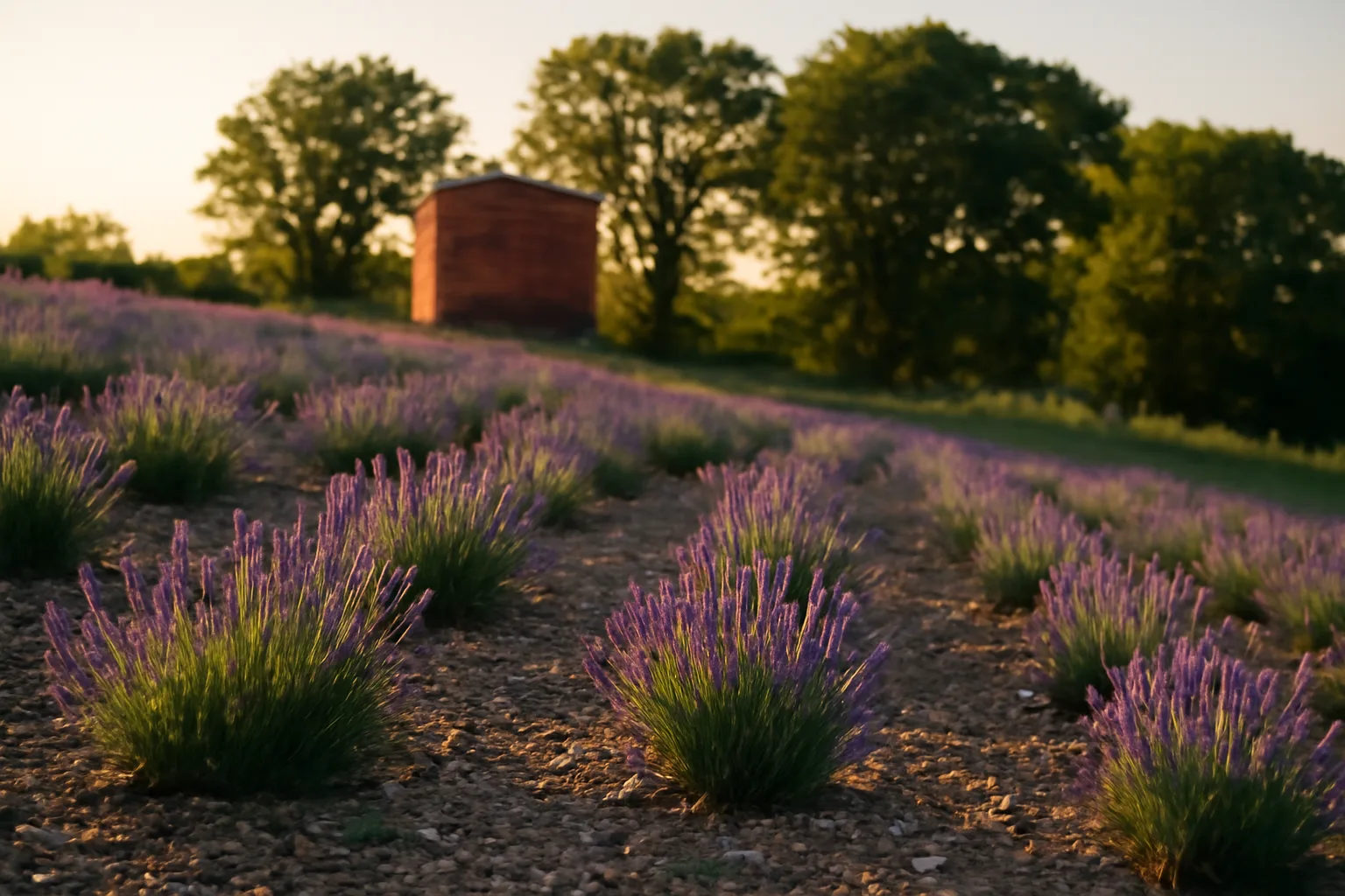 Young lavender farm rows on a drained Iowa hillside