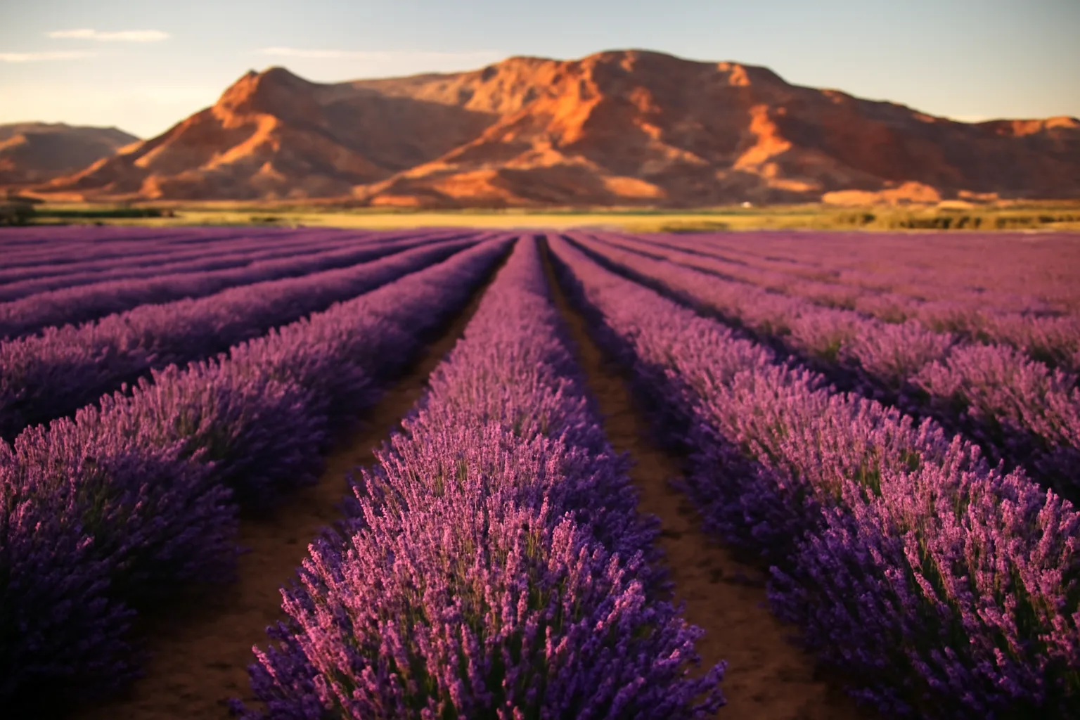 Rows of blooming lavender in a Utah valley with red rock hills behind