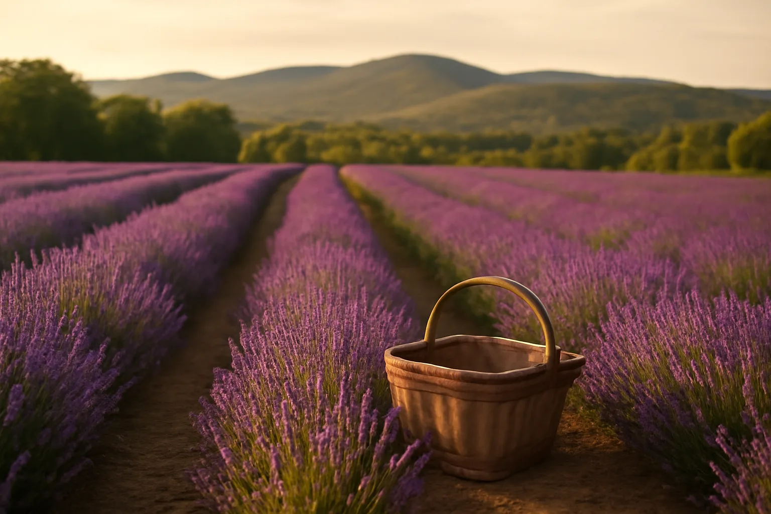 Purple lavender rows in bloom on a Vermont hillside farm at golden hour