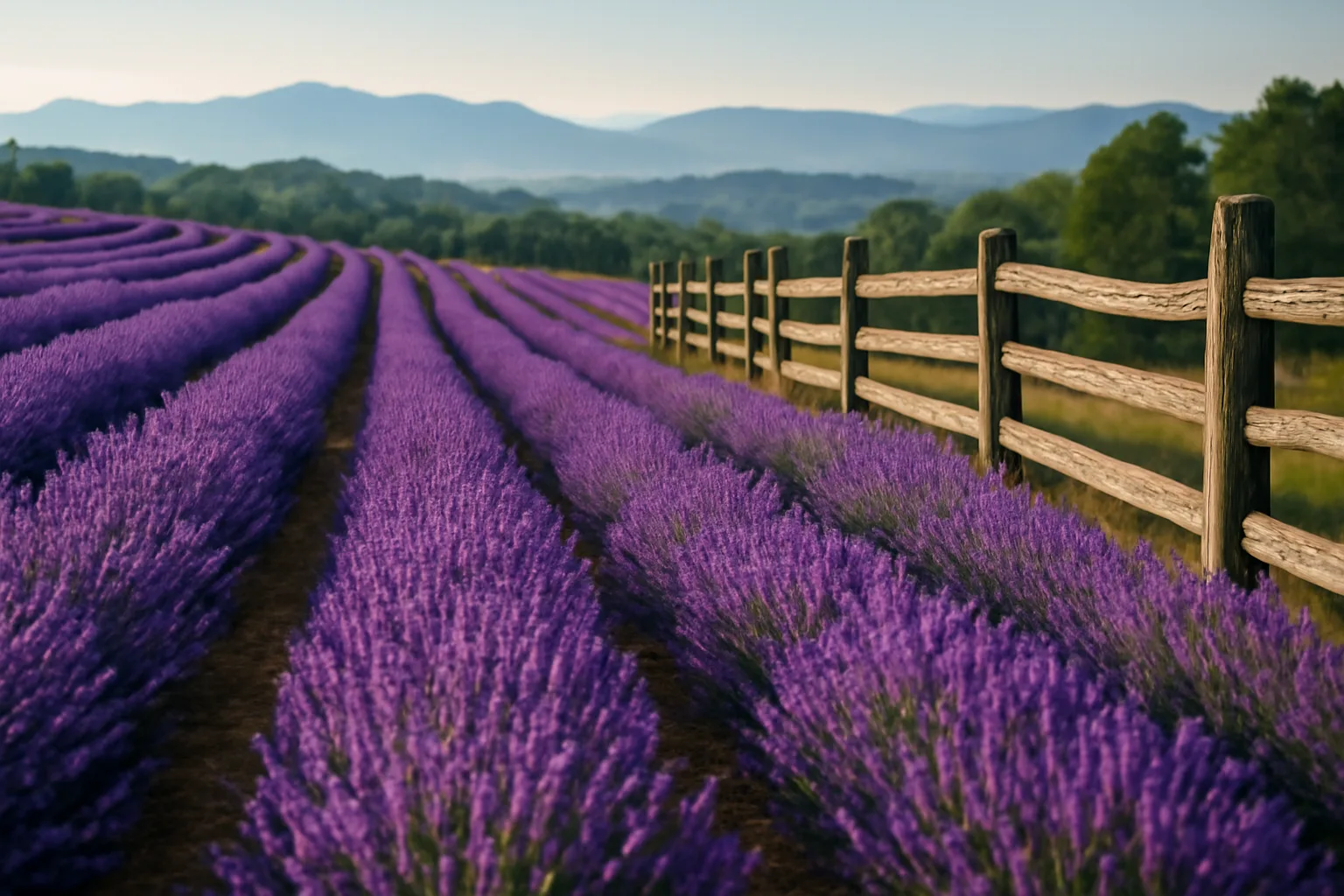 Purple lavender rows on a Virginia hillside with a mountain ridgeline at dawn