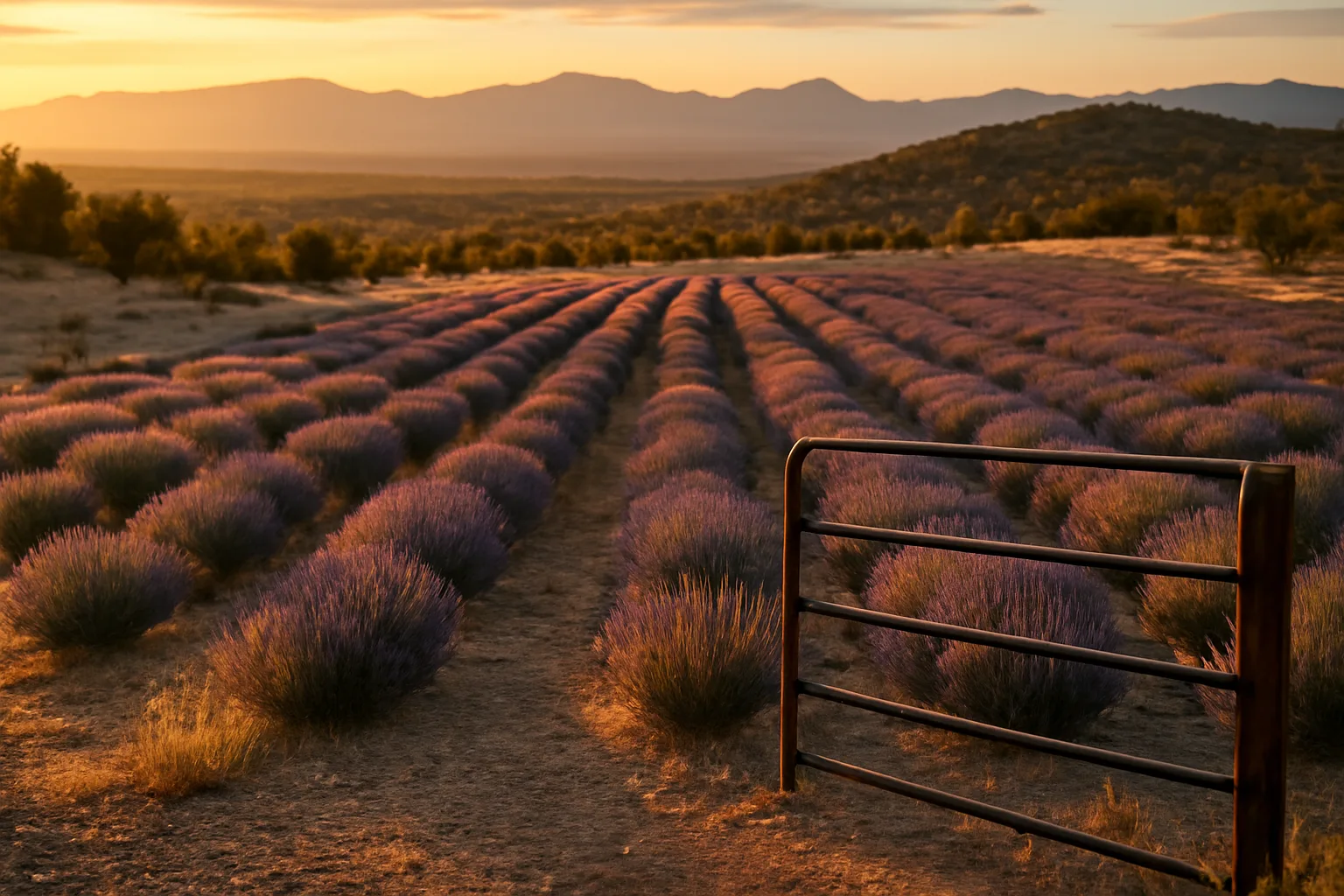 Drip-irrigated lavender rows near Prescott Arizona at golden hour