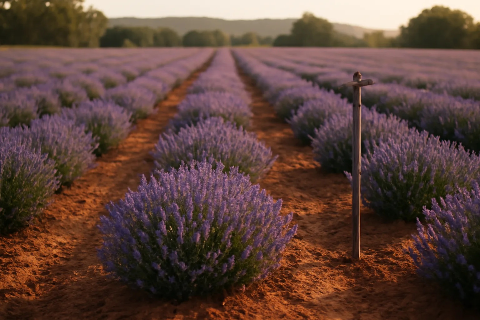 Blooming lavender rows on a small Arkansas farm at dusk