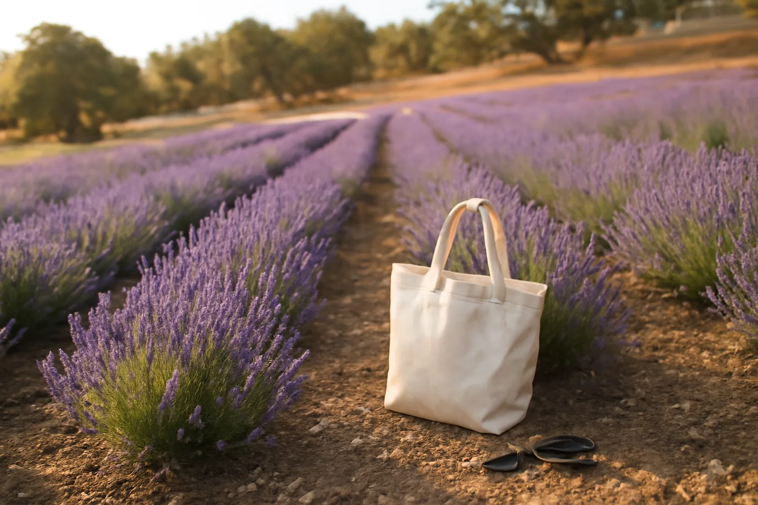 Blooming California lavender farm rows near Santa Ynez at sunrise