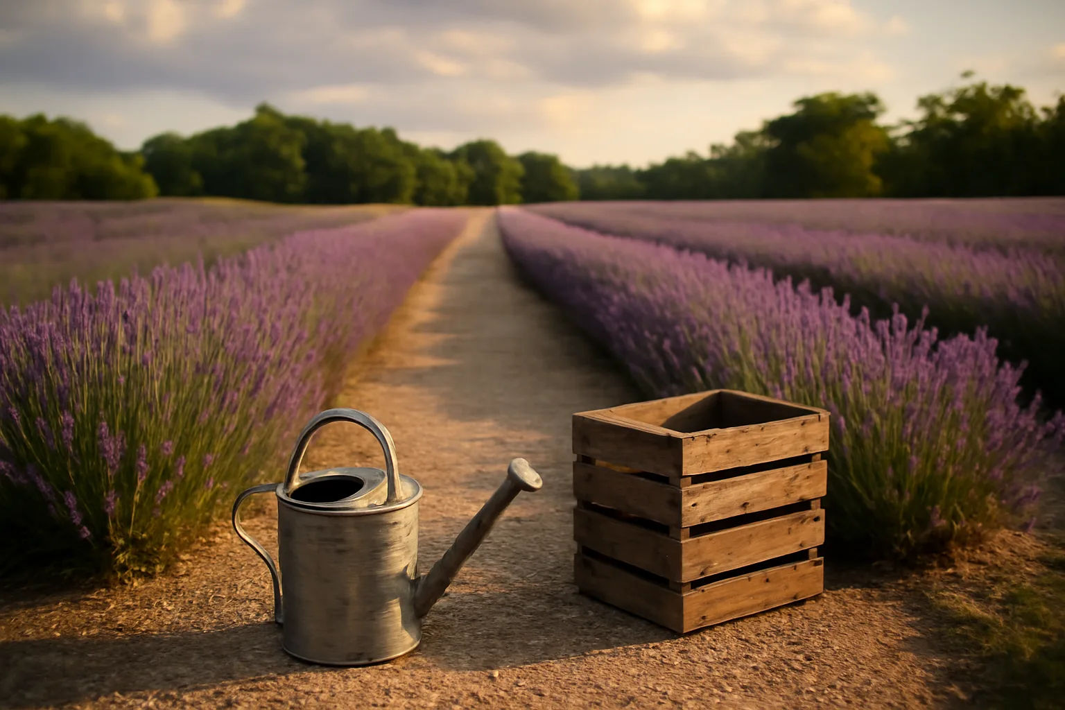 Blooming lavender rows on a small Illinois farm in June