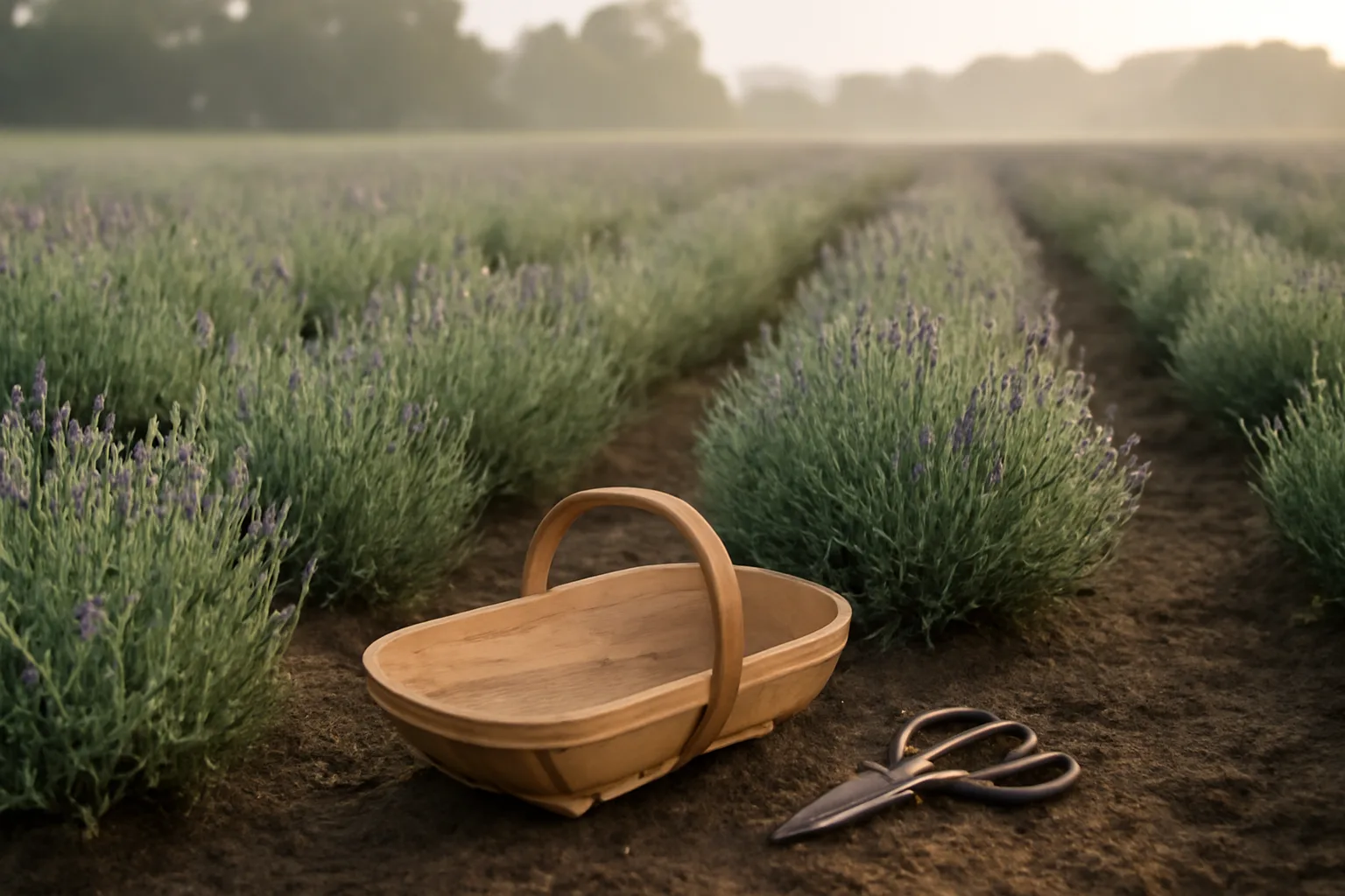 Morning Indiana lavender rows with a wooden harvest trug