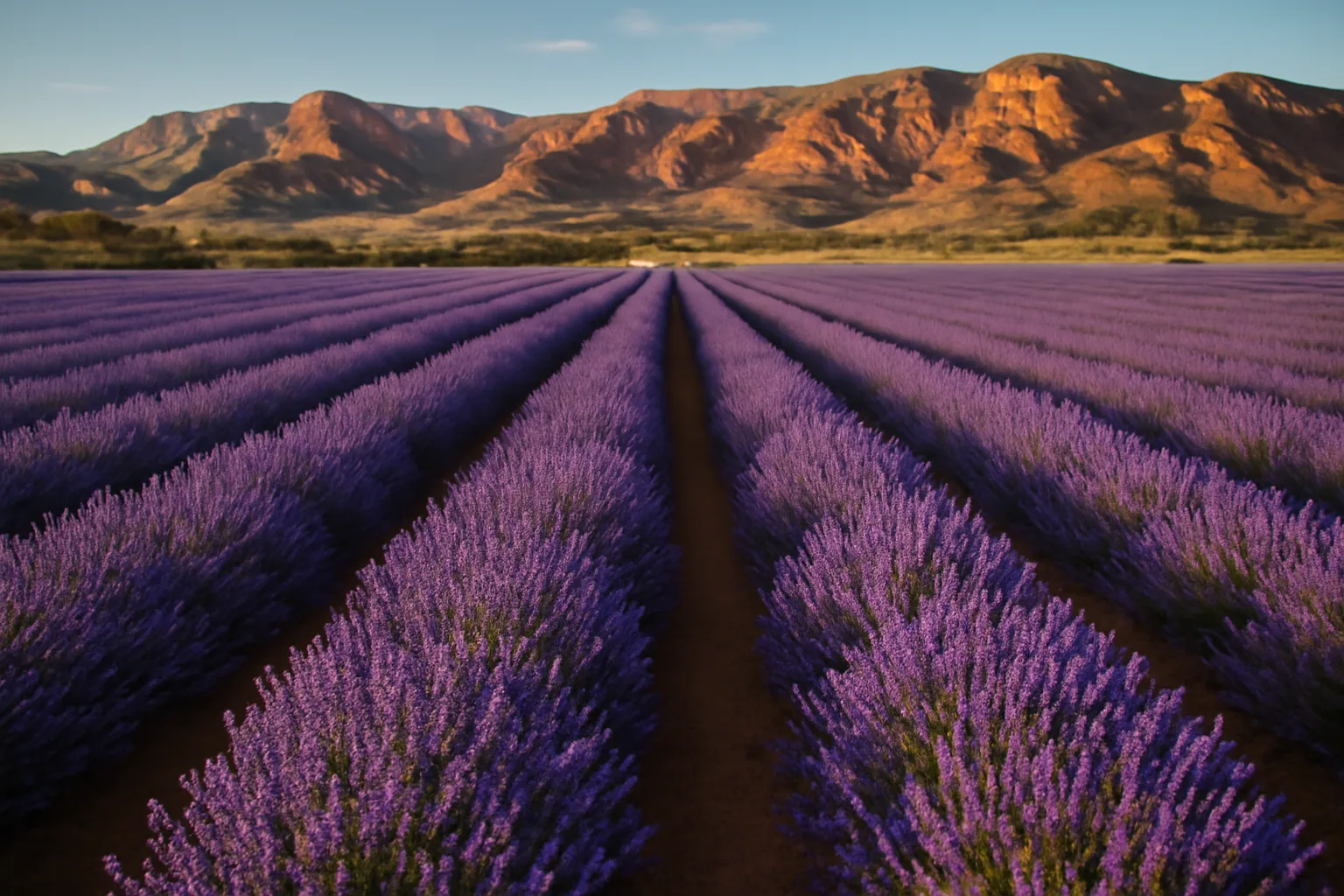 Purple lavender rows blooming on a Utah farm with red-rock hills in background