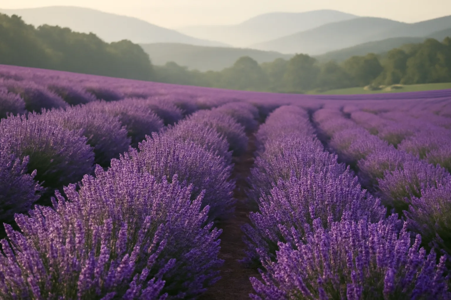 Blooming lavender rows on a Vermont hillside with mountains in the background